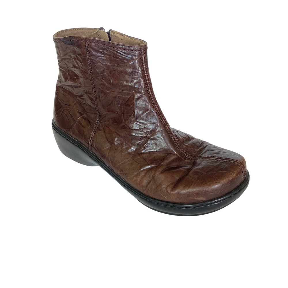 Klogs Brown Crinkled Leather Ankle Boots Women 10M Side Zip Wedge Booties
